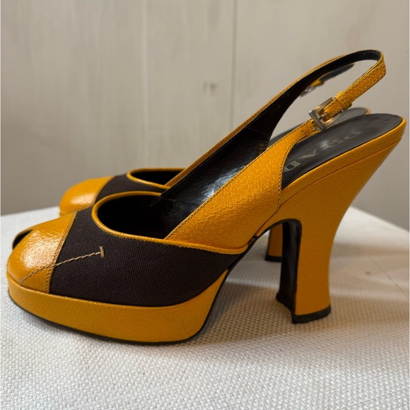PRADA Brown & Mustard Yellow Leather Textile Heels 8.5 - Picture 15 of 16